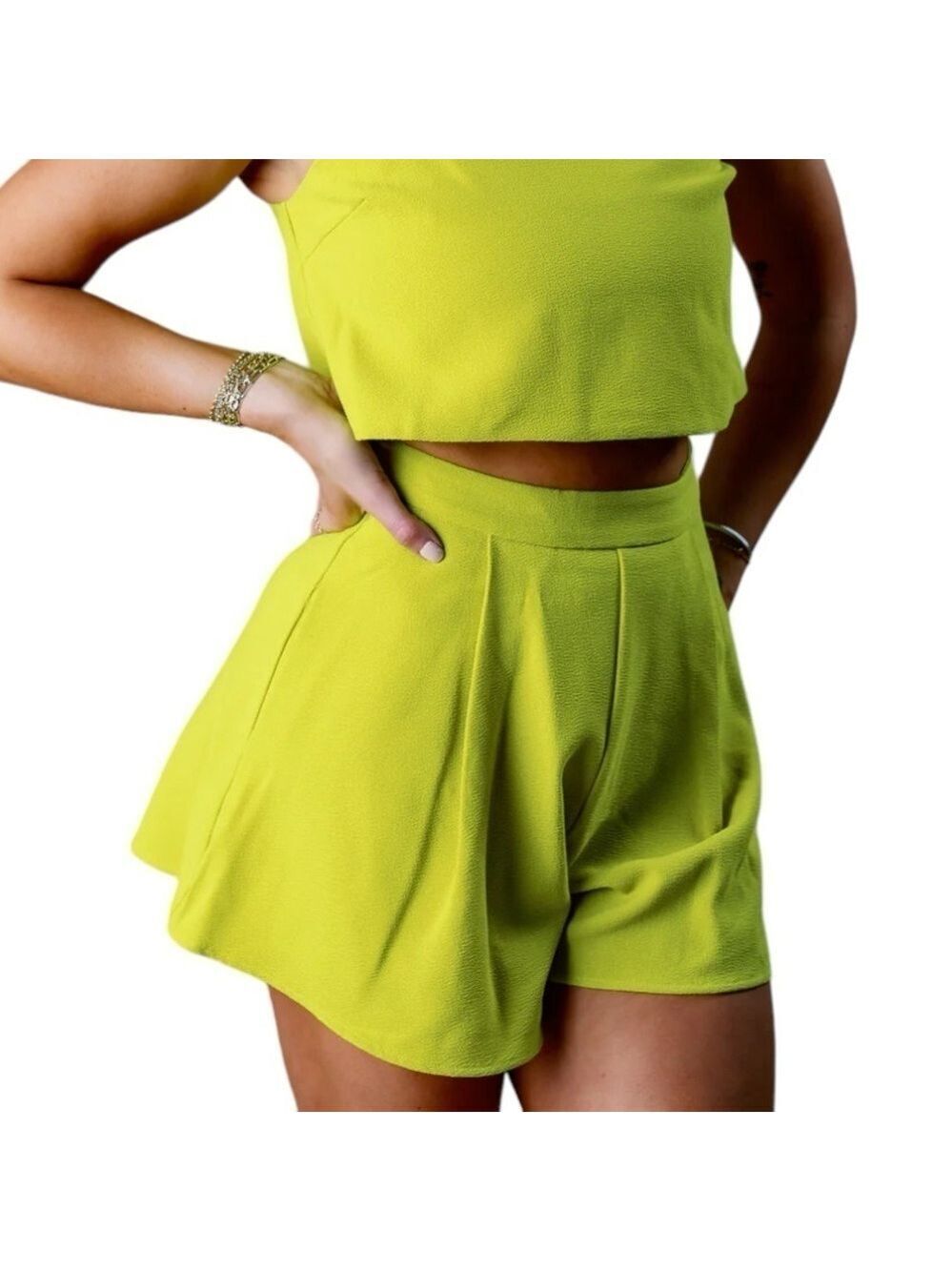 Miou Muse Textured Chiffon Flowy High Rise Pleated Lime Green Shorts